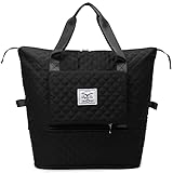 Makukke Bolso de Viaje Mujer Fin de Semana, Bolsa Plegable Viaje de Gran Capacidad, Portátil Plegable Ligera Impermeable Bolsa de Lona para Gimnasio (Negro)