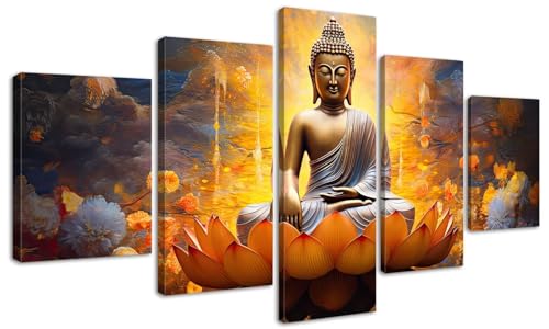 Djsylife Gold Buddha Wall Art For Living Room Large 5 Piece Zen Photo Picture Hd Canvas Print Paintings For Yoga Room Home Decor Modern Artwork Wooden Framed Ready To Hang Decorations  cover