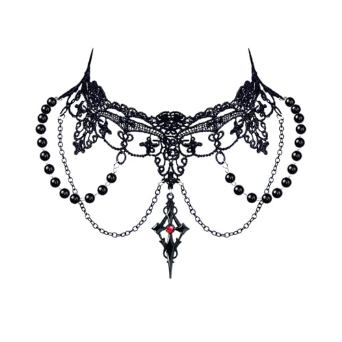 Gothic Lace Choker Necklace for Women,Vintage Red Black Crystal Pendant Necklaces Punk Style Vampire Necklace Hollowed Out Layer Necklaces Halloween Jewelry Accessories (Black8)