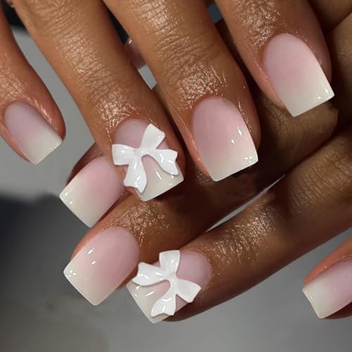 VOTACOS Pink Ombre Press on Nails Short Square Acrylic Fake Nails Press Ons with Glue 24PCS Ombre Nude Glue on Nail with Design Cute 3D White Bow Stick on False Nail for Women and Girls