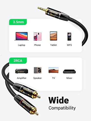 UGREEN RCA to 3.5mm Cable Phono Hi-Fi Audio Lead Red And White Aux Headphone Mini Jack Stereo Cord Braided Compatible with TV Phone Laptop Mixer DVD DJ Controller Speaker Car Amplifier Turntable(1M)