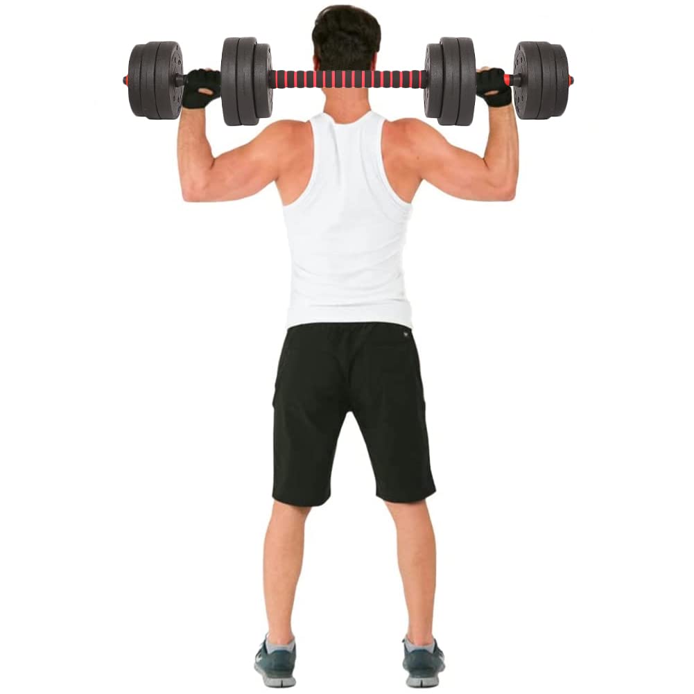BAKAJI Set 2 in 1 Manubri Regolabili con Barra Bilanciere e 12 Dischi Totale Peso 25kg (4x2.5kg + 4x2kg + 4x1.5kg), Rivestimento Nero e Rosso in Gomma Piuma Antiruggine Antiscivolo, Fitness