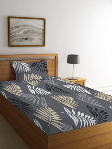 Image of LOOMLYFE 300 TC Cotton Feel Glace Elastic Fitted Printed Single Bed Bedsheet with 1 Pillow Cover Fits Upto 6 Inches Mattress,Size- 42X75X8 Inches, Grey Leaves