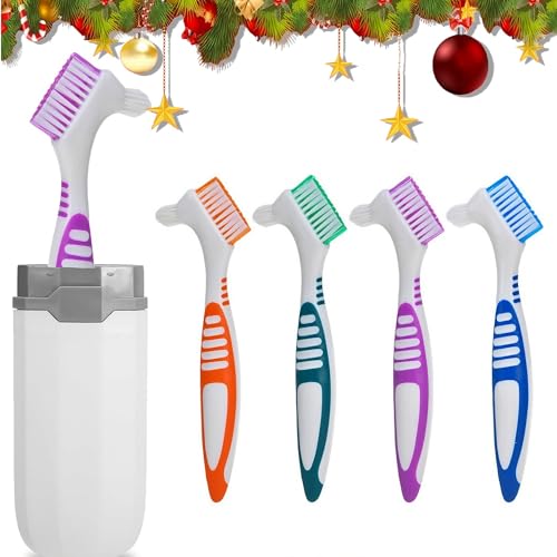 Tokaneit - Brosse à Dents Dentier, 4 Pièces Brosse à Prothèses Dure avec Étui de Transport Blanc pour Nettoyage de Fausses Dents l'Entretien des Prothèses Dentaires, Têtes de Brosse à Double Angle - -5%