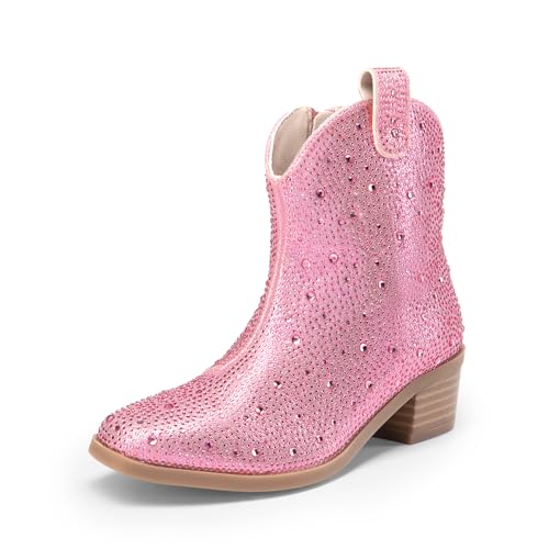 DREAM PAIRS Girls Cowgirl Cowboy Rhinestone Boots Ankle Low Heel Dress Booties,Size 13 Little Kid,Pink,SDBO2407K
