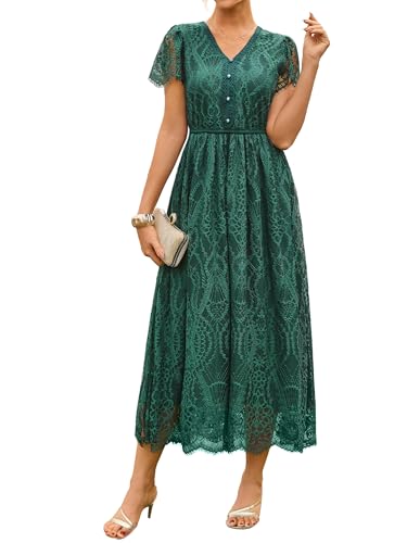 GRACE KARIN Spitze Strandkleid Maxikleid Damen Lang Boho Hohe Taille Elegant Kurzarm Freizeitkleider CL343-05 L
