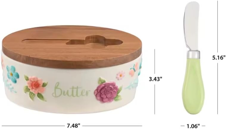 Butter Dish Set Acacia Wood Lid Metal Serving Knife Floral Embossed Stoneware Butter Storage Handcrafted Kitchen