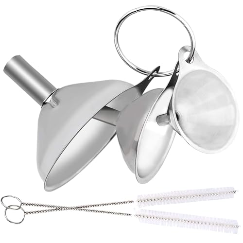 Image of Stainless Steel Funnels Set 3 Pcs - Food Grade Metal Mini Kitchen Funnels with 2 Cleaning Brushes, Small Funnels for Liquid, Oil, Spice & Powder Transfer, Narrow Mouth Nozzles