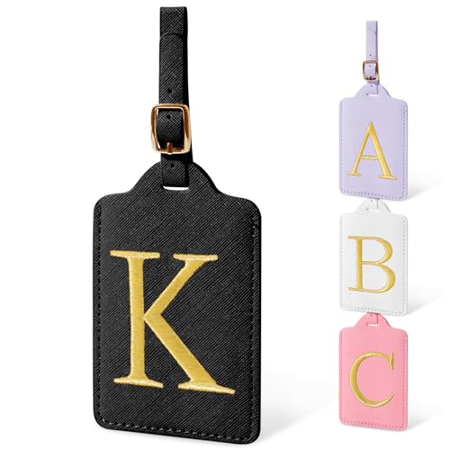Image of Personalized Initial Luggage Tags for Suitcases, Cute PU Leather Embroidered Letter Travel Luggage Tags, Suitcase Identifier Name Baggage Tag, Bag Tags for Men Women Kids Luggage Handbags(Black K)