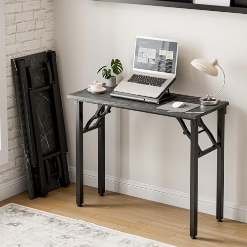 Image of Frylr Small Folding Computer Desk - Portable 35.8 Inch Foldable Laptop Table, Collapsible and Compact for Easy Storage and Fast Setup, Lightweight for Small Spaces, Craft and Study Use, Marble Greige