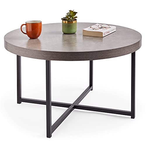 VonHaus Concrete Look Coffee Table for Living Room - Round Living Room Table with Black Metal Legs - Modern Industrial Style Centre Table with Concrete Effect Top - 80cm Diameter - Lounge Furniture