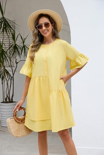 Image of Choichic Button Down Shirt Dresses for Women with Pockets Flare Bell Sleeve A-Line Midi Tunic Dress