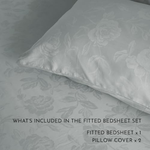Image of Blue Dahlia 100% Cotton, King Size /Double, Elastic Fitted Bedsheet (72 inchx78 inch) + 2 Pillow Covers,Fits Upto 10 inch Mattress, 300TC Premium Bedsheet, Jacquard Rose Pattern - Light Grey