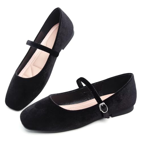 Image of TN TANGNEST Leather Flats for Women Retro Mary Jane Flats | Comfortable Square Toe Slip On Flats with Buckle Strap, Soft Work Flats Office Shoes