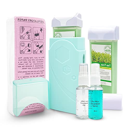 Roll On Wax Kit for Hair Removal, Roller Wax Machine for Women and Men, Depilatory Wax with Warmer, Wax Cartridge, Strips and Waxing Spray (Tea Tree)