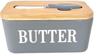 Domini Large Butter Dish,Ceramic Butter Dish with lid and knife, Butter Keeper Double Silicone Seals, Perfect for 2 Sticks of Butter,Gray