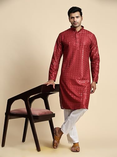 Image of Pro-Ethic Style Developer Men Silk Striped Father Son Matching Ethnic Wear Embroidery Mirror Work Kurta Pyjama Set |(Combo)B-117