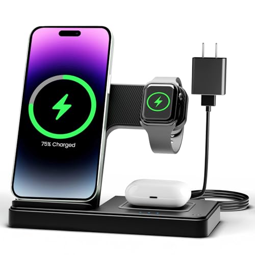 Wireless Charger iPhone Charging Station: 3 in 1 Charger Stand Multiple Devices for Apple – iPhone 17 16e 16 15 14 Pro Max 13 12 11 – Watch 10 9 8 7 6 5 4 3 2 SE and Ultra Series – Airpods 4 3 Pro