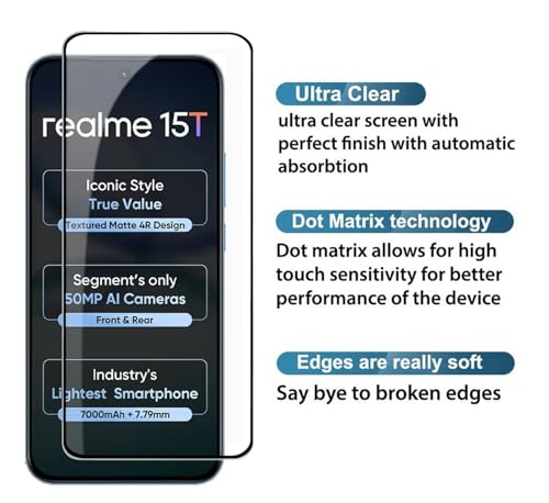 Image of HD Tempered Glass Screen Protector Compatible for Realme 15T 5G with Edge to Edge coverage and Easy Installation kit