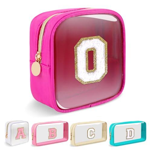 Mini Clear Personalized Initial Makeup Bag,Small Nylon Waterproof Zip Beach Cosmetic Pouch,Preppy A-Z Chenille Letter Patch Cute Coin Purse Travel Toiletry Bag Car Pack Bag for Women(Hot Pink-White O)