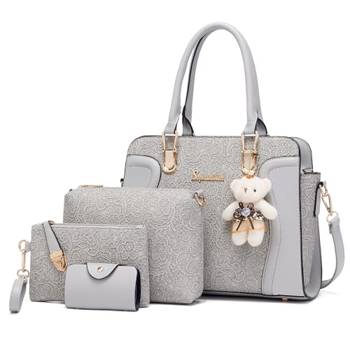 Image of Women's Fashion Handbag Tote Bag Shoulder Top Handle Satchel Purse Set 4pcs | Stylish Style,Chain Texture Design,Ample Space,Bear Doll Decoration,with a Crossbody Strap