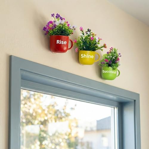 Image of Dekorly Wall Hanging Mug Planters with Artificial Flowers (20CM) - Decorative Hanging Cups, Colorful Floral Wall Decor for Living Room Bedroom Balcony Office Gift Set (3, Rise Shine Succeed)