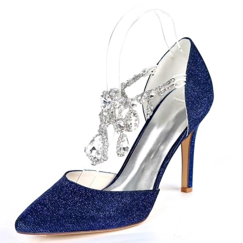 Womens Wedding Shoes Women's Glamorous Rhinestone-Accented High Heel Pointed Toe Sandals with Ankle Strap, Perfect for Wedding, Evening, Prom & Office Dressy Occasions(Royal Blue,11.5)