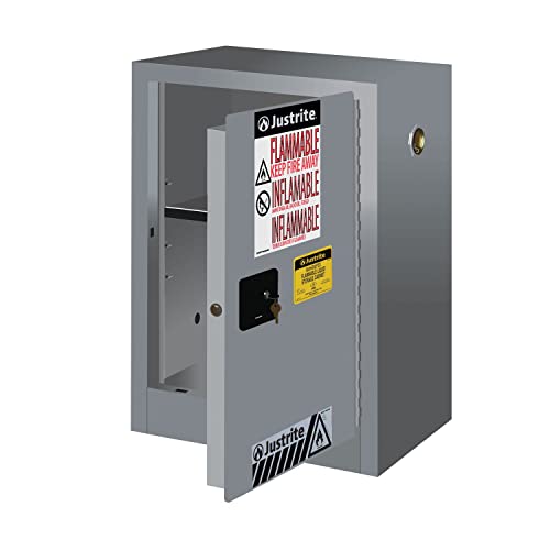 Justrite 891203 Sure-Grip Ex Galvanized Steel 1 Door Manual Flammable Compac Safety Storage Cabinet, 12 Gallon Capacity, 23-1/4" Width X 35" Height X 18" Depth, 1 Adjustable Shelfs, Gray #TOP6