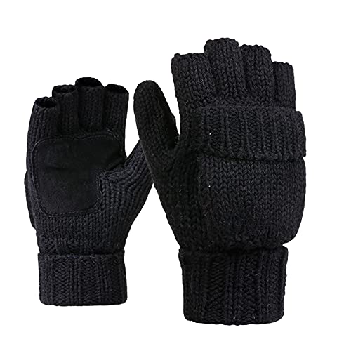 Rehomy Mitaines d'hiver tricotées en laine, isolation thermique, moufles convertibles avec rabat pour homme et femme (le noir) Cover