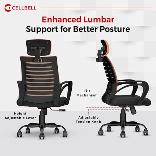 Image of CELLBELL Desire C104 Mesh High Back Ergonomic Office Chair - Adjustable Seat Height, Sturdy Metal Base, Revolving Study & Computer Chair for Work from Home, Orange