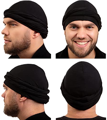 Silk Satin Lined Turban For Men Durag Head Wrap Pre-Tied Skull Cap Turbans For Women Sleeping Bonnet Halo Turban Sleep Cap Hair Cover Soft Night Hat Hair Wrap Bamboo Outer Material Black #TOP2
