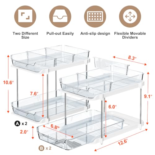 Image of Delamu 2-Tier Multi-Purpose Bathroom Under Sink Organizers and Storage, Stackable Kitchen Pantry Organization, Pull Out Medicine Cabinet Organizer with Movable Dividers, Blue, 4 Pack