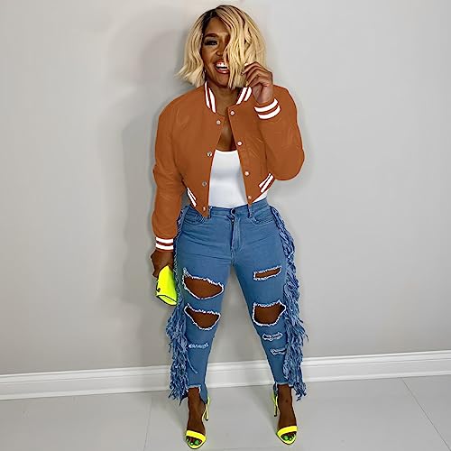Image of Women Cropped Bomber Jacket Varsity Button Down Baseball Coat Streetwear | Long Sleeve Lightweight Casual Cropped Jacket With Pockets, Spring Autumn Outwear Y2K School Bomber Jackets for Women