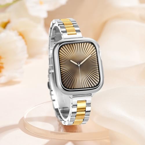 Image of Slim Metal Band for Apple Watch Bands for Women 45mm 44mm 42mm(S3) iWatch Bands with Protective Case, Stainless Steel Thin Dressy Strap for Apple Watch Band Series 9 8 SE 7 6 5 4 3-Silver Gold