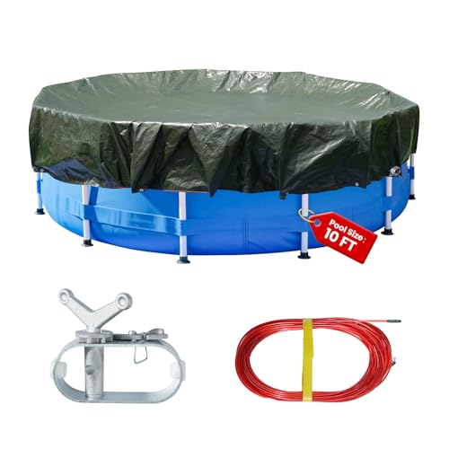 13 ft Round Heavy Duty Winter Pool Cover for 10 ft Above Ground Pools - 5-Year Warranty, UV Resistant & Anti-Tear, Black/Olive Green, Winch & Cable Included By COVALL
