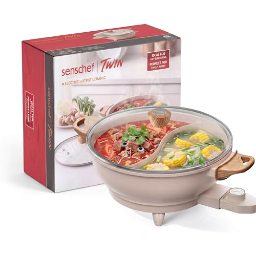 SENSCHEF TWIN™ Electric Hot Pot with Divider | PFAS-Free Ceramic Nonstick Pot | EvenHeat Cast Aluminum Body | 1500W Fast Heating | Dual-Flavor Shabu Shabu Pots | 1-Yr Warranty | Ceramic Apricot
