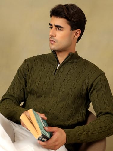 Image of Kvetoo Men's Wool High Neck Zipper Sweater, Full Sleeve Cable Knit Quarter Zip Winter Pullover Olive Size 2XL