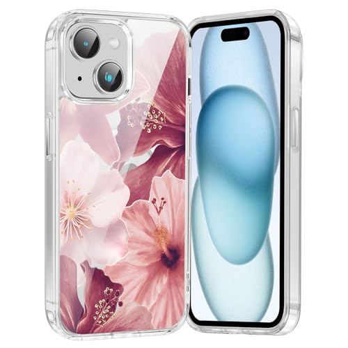 Coque iPhone 15 hibiscus rouge transparent avec MagSafe pour femme