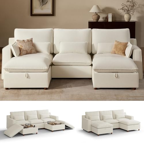 Image of WorthFurni Modern Modular Sectional Sofa,103 inch U Shape Minimalist Couch with Storage Ottoman,Comfty 4 Seat Sofa for Living Room,Beige Chenille