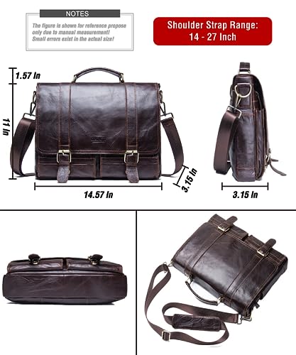 Image of Top Grain Leather 14.2 inch Laptop Briefcase Crossbody Handbag, Vintage Design & Multi Pockets, Fits to MacBook Pro /Air 14 inch /13.3 inch /13.6 inch 2021 2022 M1 Pro /M1 Max & A4 /A5 Paper, Coffee 14.2 Inch