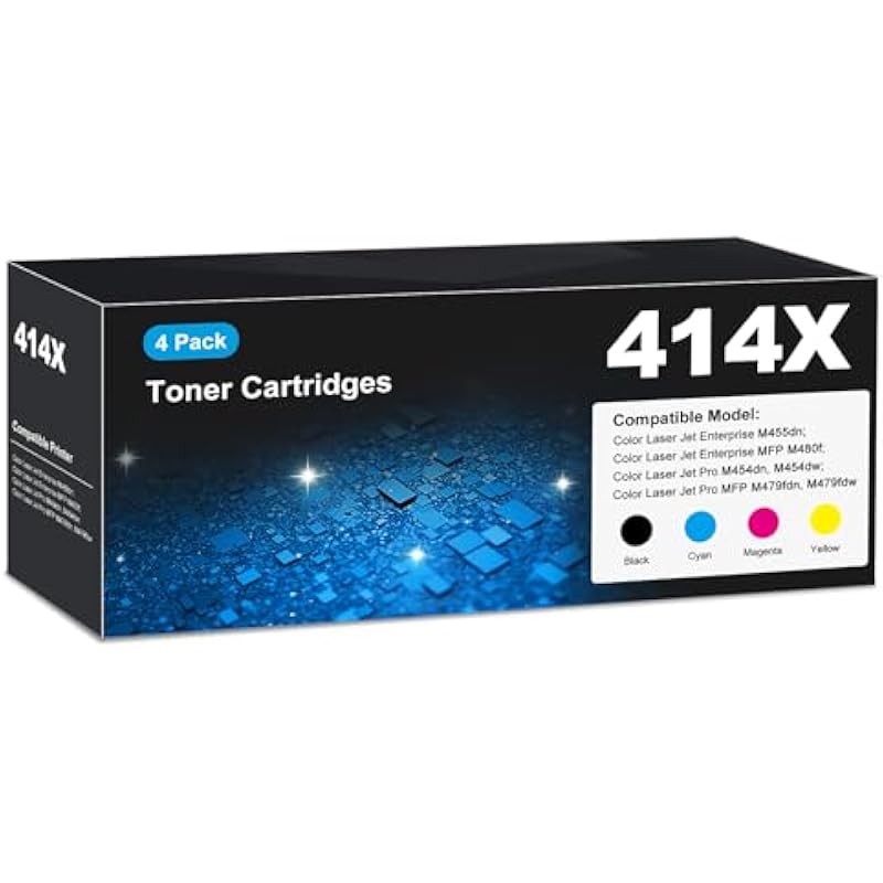 414X Toner Cartridge 4 Pack High Yield MFP M479fdw with Chip Compatible for HP 414X 414A Work for Color Laser Jet Pro MFP M479fdw M479fdn M454dw M454dn MFP M480f M455dn M479dw M479 Toner W2020X W2020A 414X Black Cyan Magenta Yellow