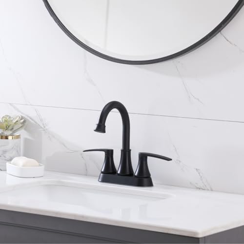 Lead-Free Matte Black Bathroom Sink Faucet, 2 Handle 4 Inch Centerset Faucet, Modern 360° Swivel High-Arc Spout Bath Lavatory Vanity Faucets for Sinks with Drain & Water Hoses, VALZST049B by VALISY - Used condition - Image 3