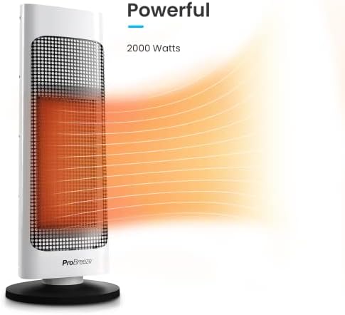 Pro Breeze® 2000W Ceramic Tower Fan Heater - Energy Saving Electric Heater with Automatic Oscillation Tip-Over Protection & 4 Heat Settings - Portable Tower Heater for Home & Office