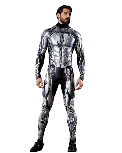 Koongso Adults Superhero Costume, Mens Womens 3D Print Armor Robot Cosplay Bodysuit Full Body Long Sleeve Cyborg Catsuit Jumpsuit Battle Suit for Halloween Party
