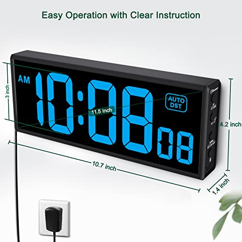 Soobest Digital Wall Clock With Seconds, Electric Clock Plug Auto Dst Dimmer Led Large Display 11.5 Inches (Blue) #TOP2