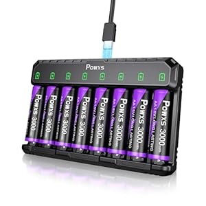 POWXS Rechargeable AA Batteries with Charger | 8 x 3000mWh Rechargeable Lithium AA Batteries, with USB C Dual Charger for Video Camera Camcorders, Ideal for Blink Cameras & Gaming Devices