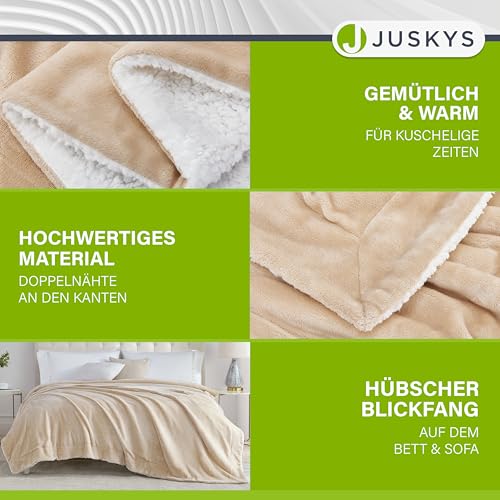 Juskys Fleecedecke 150x200 cm mit Sherpa - flauschig, warm, waschbar - Decke für Bett und Couch - Tagesdecke, Kuscheldecke Sand