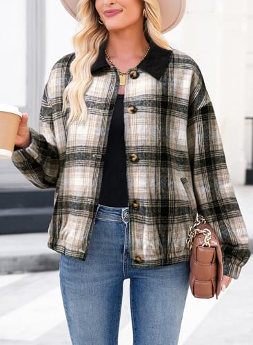 Dokotoo Womens Flannel Plaid Shacket Jackets Corduroy Collar Long Sleeve Button Down Fleece Jackets Warm Coat3