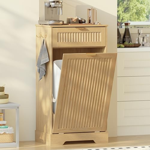 Image of Single 13 Gallon Tilt Out Trash Can Cabinet,Garbage Cabinet with Drawer | Hidden Garbage Storage with Fluted Design, Drawer & Hooks for Kitchen, Dining Room and Small Space Organization,Natural Oak