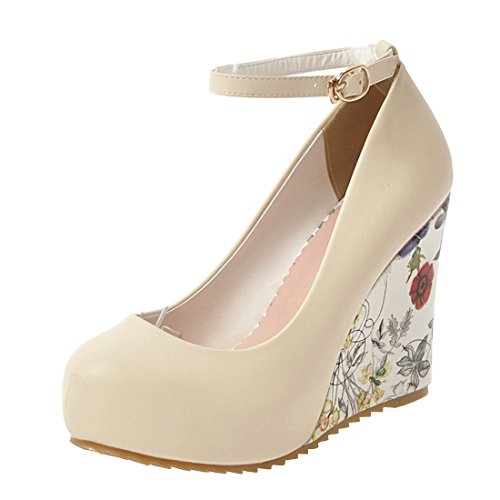 Birdsight Damen Keilabsatz High Heels Knöchelriemen Pumps mit Blumenmuster 11cm Absatz Wedges Schuhe (Beige, 36) Cover